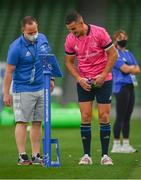 10 September 2021; Leinster captain Jonathan Sexton speaks with the virtual mascot alongside Leinster senior communications & media manager Marcus Ó Buachalla before the Bank of Ireland Pre-Season Friendly match between Leinster and Harlequins at Aviva Stadium in Dublin. Photo by Harry Murphy/Sportsfile