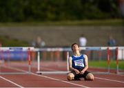 11 September 2021; Sean Carmody of Munster reacts to falling at the last hurdle after leading the Boy's 400 metre Hurdles during the Irish Life Health Tailteann Schools' Inter-provincial Games at Morton Stadium in Santry, Dublin. Photo by Harry Murphy/Sportsfile