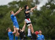 11 September 2021; Lorcan McLoughlin of Ulster takes possession in a line-out ahead of Fionn McWey of Leinster during the Development Interprovincial match between Leinster XV and Ulster XV at the IRFU High Performance Centre, on the Sport Ireland Campus in Dublin. Photo by Seb Daly/Sportsfile