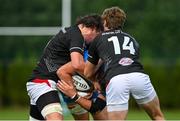 11 September 2021; Luke Callinan of Leinster is tackled by Lorcan McLoughlin, left, and Conor Rankin of Ulster during the Development Interprovincial match between Leinster XV and Ulster XV at the IRFU High Performance Centre, on the Sport Ireland Campus in Dublin. Photo by Seb Daly/Sportsfile