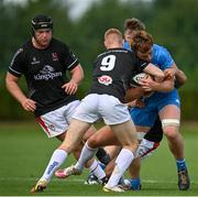 11 September 2021; Donough Lawlor of Leinster is tackled by Nathan Doak of Ulster during the Development Interprovincial match between Leinster XV and Ulster XV at the IRFU High Performance Centre, on the Sport Ireland Campus in Dublin. Photo by Seb Daly/Sportsfile