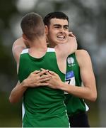 11 September 2021; Neil Culhane of Leinster, left, celebrates after winning the Boy's 800 metre with Cian Gorham of Leinster during the Irish Life Health Tailteann Schools' Inter-provincial Games at Morton Stadium in Santry, Dublin. Photo by Harry Murphy/Sportsfile