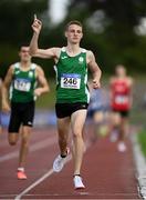 11 September 2021; Neil Culhane of Leinster celebrates after winning the Boy's 800 metre during the Irish Life Health Tailteann Schools' Inter-provincial Games at Morton Stadium in Santry, Dublin. Photo by Harry Murphy/Sportsfile
