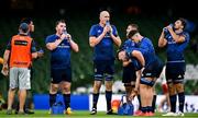 10 September 2021; Leinster players, from left, Peter Dooley, Devin Toner and Max Deegan take on water during the Bank of Ireland Pre-Season Friendly match between Leinster and Harlequins at Aviva Stadium in Dublin. Photo by Brendan Moran/Sportsfile