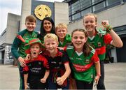 11 September 2021; Mayo supporters including Karen, Kyle, Ry-Lee and Lorna Burke from Ballinrobe, and Matthew, Daniel and Donal Duffy from Toormakeady outside Croke Park before the GAA Football All-Ireland Senior Championship Final match between Mayo and Tyrone at Croke Park in Dublin. Photo by Ray McManus/Sportsfile