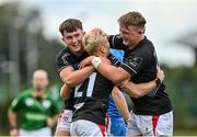 11 September 2021; Lewis Finlay of Ulster, centre, is congratulated by team-mates Ross Taylor, left, and Josh Hanlon after scoring a try during the Development Interprovincial match between Leinster XV and Ulster XV at the IRFU High Performance Centre, on the Sport Ireland Campus in Dublin. Photo by Seb Daly/Sportsfile