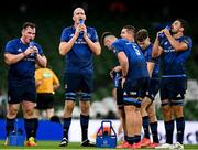 10 September 2021; Leinster players, from left, Peter Dooley, Devin Toner and Max Deegan take a water break during the Bank of Ireland Pre-Season Friendly match between Leinster and Harlequins at Aviva Stadium in Dublin. Photo by Brendan Moran/Sportsfile