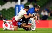 10 September 2021; Liam Turner of Leinster is tackled by Tommy Allan, left, and Andre Esterhuizen of Harlequins during the Bank of Ireland Pre-Season Friendly match between Leinster and Harlequins at Aviva Stadium in Dublin. Photo by Brendan Moran/Sportsfile
