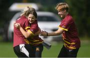 11 September 2021; Abbie McKnight of Bready celebrates with team-mates Jemma Rankin, left, and Kaylee Barnard, right, after catching out Jemma Gillan of CSNI during the Clear Currency Women's All-Ireland T20 Cup Semi-Final match between Bready and CSNI at Bready Cricket Club in Tyrone. Photo by Ben McShane/Sportsfile