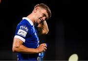 10 September 2021; Cameron Evans of Waterford after picking up a head injury during the SSE Airtricity League Premier Division match between Shamrock Rovers and Waterford at Tallaght Stadium in Dublin. Photo by Stephen McCarthy/Sportsfile