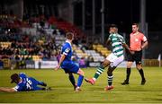 10 September 2021; Aidomo Emakhu of Shamrock Rovers has his shot on goal blocked by Eddie Nolan of Waterford, which resulted in a Shamrock Rovers penalty, during the SSE Airtricity League Premier Division match between Shamrock Rovers and Waterford at Tallaght Stadium in Dublin. Photo by Stephen McCarthy/Sportsfile