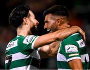 10 September 2021; Danny Mandroiu, right, celebrates with Shamrock Rovers team-mate Richie Towell after scoring his side's opening goal during the SSE Airtricity League Premier Division match between Shamrock Rovers and Waterford at Tallaght Stadium in Dublin. Photo by Stephen McCarthy/Sportsfile