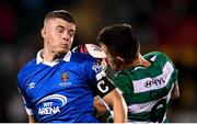 10 September 2021; Niall O'Keeffe of Waterford in action against Aaron Greene of Shamrock Roversduring the SSE Airtricity League Premier Division match between Shamrock Rovers and Waterford at Tallaght Stadium in Dublin. Photo by Stephen McCarthy/Sportsfile
