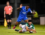 10 September 2021; Roberto Lopes of Shamrock Rovers in action against Isaac Tshipamba of Waterford during the SSE Airtricity League Premier Division match between Shamrock Rovers and Waterford at Tallaght Stadium in Dublin. Photo by Stephen McCarthy/Sportsfile
