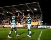 10 September 2021; Danny Mandroiu celebrates with Shamrock Rovers team-mate Aidomo Emakhu after scoring their second goal during the SSE Airtricity League Premier Division match between Shamrock Rovers and Waterford at Tallaght Stadium in Dublin. Photo by Stephen McCarthy/Sportsfile