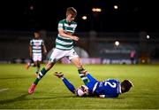 10 September 2021; Conan Noonan of Shamrock Rovers in action against Darragh Power of Waterford during the SSE Airtricity League Premier Division match between Shamrock Rovers and Waterford at Tallaght Stadium in Dublin. Photo by Stephen McCarthy/Sportsfile
