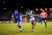10 September 2021; Aidomo Emakhu of Shamrock Rovers in action against Niall O'Keeffe of Waterford during the SSE Airtricity League Premier Division match between Shamrock Rovers and Waterford at Tallaght Stadium in Dublin. Photo by Stephen McCarthy/Sportsfile
