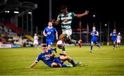 10 September 2021; Aidomo Emakhu of Shamrock Rovers in action against Niall O'Keeffe of Waterford during the SSE Airtricity League Premier Division match between Shamrock Rovers and Waterford at Tallaght Stadium in Dublin. Photo by Stephen McCarthy/Sportsfile