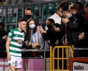 10 September 2021; Gary O'Neill of Shamrock Rovers with supporters following the SSE Airtricity League Premier Division match between Shamrock Rovers and Waterford at Tallaght Stadium in Dublin. Photo by Stephen McCarthy/Sportsfile