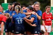 11 September 2021; Katie Whelan of Leinster, second from right, celebrates scoring a try during the PwC U18 Women’s Interprovincial Championship Round 3 match between Leinster and Munster at MU Barnhall in Leixlip, Kildare. Photo by Michael P Ryan/Sportsfile