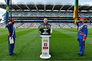 11 September 2021; 1996 Meath captain Tommy Dowd brings out the Sam Maguire Cup before the GAA Football All-Ireland Senior Championship Final match between Mayo and Tyrone at Croke Park in Dublin. Photo by Brendan Moran/Sportsfile