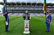 11 September 2021; 1996 Meath captain Tommy Dowd brings out the Sam Maguire Cup before the GAA Football All-Ireland Senior Championship Final match between Mayo and Tyrone at Croke Park in Dublin. Photo by Brendan Moran/Sportsfile