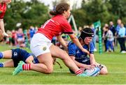 11 September 2021; Leah Tarpey of Leinster scores a try during the PwC U18 Women’s Interprovincial Championship Round 3 match between Leinster and Munster at MU Barnhall in Leixlip, Kildare. Photo by Michael P Ryan/Sportsfile