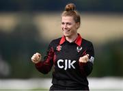 11 September 2021; Pembroke captain Mary Waldron reacts after the officials clear the pitch inspection before Clear Currency Women’s All-Ireland T20 Cup Final match between Bready cricket club and Pembroke cricket club at Bready Cricket Club in Tyrone. Photo by Ben McShane/Sportsfile