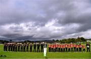 11 September 2021; Players of both sides and officials line up for &quot;Ireland's Call&quot; before the Clear Currency Women’s All-Ireland T20 Cup Final match between Bready cricket club and Pembroke cricket club at Bready Cricket Club in Tyrone. Photo by Ben McShane/Sportsfile