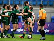 11 September 2021; Shannon Touhey of Connacht celebrates after scoring her side's first try with team-mate Catherine Martin during the Vodafone Women’s Interprovincial Championship Round 3 match between Connacht and Ulster at Energia Park in Dublin. Photo by Harry Murphy/Sportsfile
