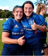 11 September 2021; Leinster players Katie Whelan, left, and Mia Kelly celebrate after the PwC U18 Women’s Interprovincial Championship Round 3 match between Leinster and Munster at MU Barnhall in Leixlip, Kildare. Photo by Michael P Ryan/Sportsfile