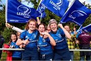 11 September 2021; Leinster players from left, Ruth Campbell, Leah Tarpey, and Koren Dunne celebrate after the PwC U18 Women’s Interprovincial Championship Round 3 match between Leinster and Munster at MU Barnhall in Leixlip, Kildare. Photo by Michael P Ryan/Sportsfile