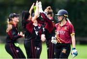 11 September 2021; Alana Dalzell of Bready reacts after her wicket is taken by Clíona Tucker of Pembroke during the Clear Currency Women’s All-Ireland T20 Cup Final match between Bready cricket club and Pembroke cricket club at Bready Cricket Club in Tyrone. Photo by Ben McShane/Sportsfile