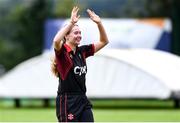 11 September 2021; Louise Little of Pembroke celebrates after taking the wicket of Stephanie Wilkinson of Bready during the Clear Currency Women’s All-Ireland T20 Cup Final match between Bready cricket club and Pembroke cricket club at Bready Cricket Club in Tyrone. Photo by Ben McShane/Sportsfile