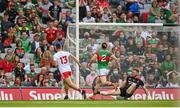 11 September 2021; Darren McCurry of Tyrone, 13, has his shot on goal saved by Mayo goalkeeper Rob Hennelly during the GAA Football All-Ireland Senior Championship Final match between Mayo and Tyrone at Croke Park in Dublin. Photo by Stephen McCarthy/Sportsfile