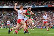 11 September 2021; Pádraig O'Hora of Mayo in action against Peter Harte, left, and Kieran McGeary of Tyrone during the GAA Football All-Ireland Senior Championship Final match between Mayo and Tyrone at Croke Park in Dublin. Photo by Ramsey Cardy/Sportsfile