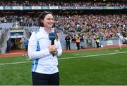 11 September 2021; Solheim Cup winner Leona Maguire is introduced to the crowd at half-time of the GAA Football All-Ireland Senior Championship Final match between Mayo and Tyrone at Croke Park in Dublin. Photo by Ramsey Cardy/Sportsfile