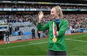 11 September 2021; Tokyo Paralympic Gold medallist Ellen Keane is introduced to the crowd at half-time of the GAA Football All-Ireland Senior Championship Final match between Mayo and Tyrone at Croke Park in Dublin. Photo by Ramsey Cardy/Sportsfile