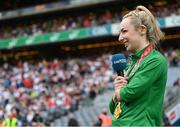 11 September 2021; Tokyo Paralympic Gold medallist Ellen Keane is introduced to the crowd at half-time of the GAA Football All-Ireland Senior Championship Final match between Mayo and Tyrone at Croke Park in Dublin. Photo by Ramsey Cardy/Sportsfile