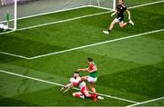 11 September 2021; Aidan O'Shea of Mayo is blocked by Ronan McNamee of Tyrone during the GAA Football All-Ireland Senior Championship Final match between Mayo and Tyrone at Croke Park in Dublin. Photo by Daire Brennan/Sportsfile