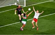 11 September 2021; Cathal McShane of Tyrone scores his side's first goal past Mayo goalkeeper Rob Hennelly during the GAA Football All-Ireland Senior Championship Final match between Mayo and Tyrone at Croke Park in Dublin. Photo by Daire Brennan/Sportsfile