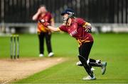 11 September 2021; Amy Campbell of Bready fields a ball during the Clear Currency Women’s All-Ireland T20 Cup Final match between Bready cricket club and Pembroke cricket club at Bready Cricket Club in Tyrone. Photo by Ben McShane/Sportsfile