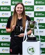 11 September 2021; Louise Little of Pembroke with her Player of the Match award after her side's victory in the Clear Currency Women’s All-Ireland T20 Cup Final match between Bready cricket club and Pembroke cricket club at Bready Cricket Club in Tyrone. Photo by Ben McShane/Sportsfile