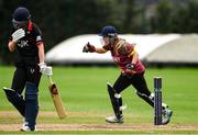 11 September 2021; Amy Campbell of Bready celebrates after taking the wicket of Louise Little of Pembroke during the Clear Currency Women’s All-Ireland T20 Cup Final match between Bready cricket club and Pembroke cricket club at Bready Cricket Club in Tyrone. Photo by Ben McShane/Sportsfile