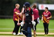 11 September 2021; Louise Little of Pembroke leaves the field of play after having her wicket taken by Amy Campbell of Bready during the Clear Currency Women’s All-Ireland T20 Cup Final match between Bready cricket club and Pembroke cricket club at Bready Cricket Club in Tyrone. Photo by Ben McShane/Sportsfile