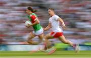 11 September 2021; Oisín Mullin of Mayo in action against Kieran McGeary of Tyrone during the GAA Football All-Ireland Senior Championship Final match between Mayo and Tyrone at Croke Park in Dublin. Photo by Stephen McCarthy/Sportsfile
