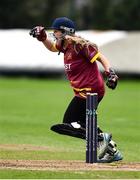 11 September 2021; Amy Campbell of Bready celebrates after taking the wicket of Louise Little of Pembroke during the Clear Currency Women’s All-Ireland T20 Cup Final match between Bready cricket club and Pembroke cricket club at Bready Cricket Club in Tyrone. Photo by Ben McShane/Sportsfile