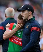 11 September 2021; Ryan O'Donoghue of Mayo is consoled by injured team-mate Cillian O'Connor during the GAA Football All-Ireland Senior Championship Final match between Mayo and Tyrone at Croke Park in Dublin. Photo by Brendan Moran/Sportsfile