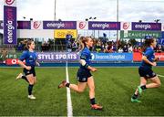11 September 2021; Meabh O’Brien of Leinster, centre, runs out before the Vodafone Women’s Interprovincial Championship Round 3 match between Leinster and Munster at Energia Park in Dublin. Photo by Harry Murphy/Sportsfile