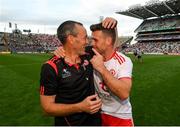 11 September 2021; Darren McCurry of Tyrone celebrates with Tyrone joint-manager Brian Dooher after the GAA Football All-Ireland Senior Championship Final match between Mayo and Tyrone at Croke Park in Dublin. Photo by Stephen McCarthy/Sportsfile